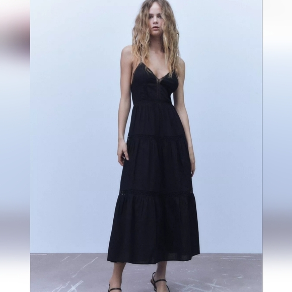 Zara Black Cotton Lace Tiered Midi Dress Size Large Cross Strap Open Back Vacay - Picture 3 of 15